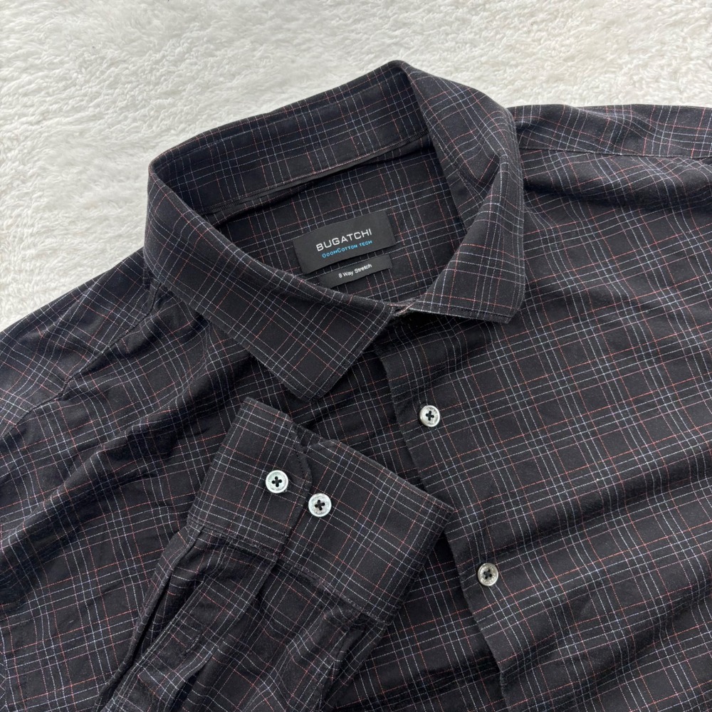 Bugatchi OoohCotton Tech Mens Black Plaid 8-Way Stretch Button Down Shirt 2XL